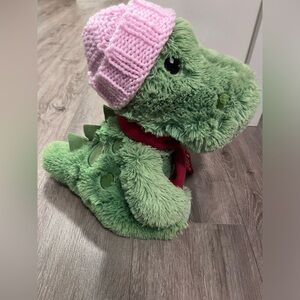 Green Dinosaur Plush Toy with Pink Hat